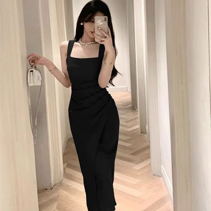 Ruched Sheath Sleeveless Square Plain Neck Midi Dress