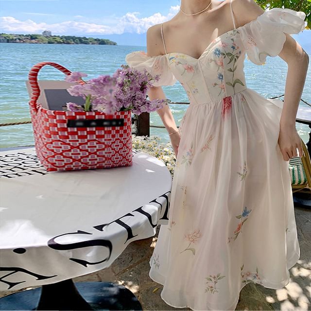 Dress Floral Cold-Shoulder A-Line Midi Puff-Sleeve