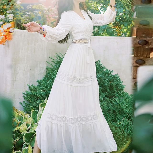 A-Line Trim Dress V-Neck Lace Plain Puff-Sleeve Maxi