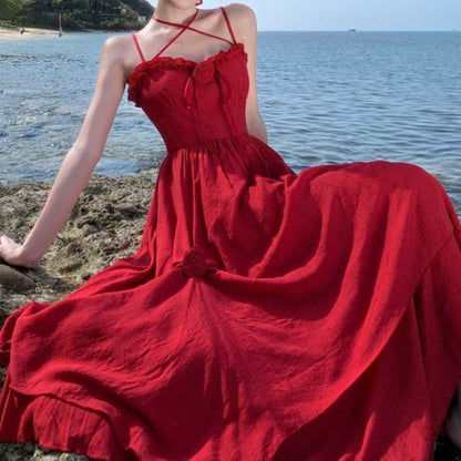 Plain Flower Maxi Ruffle Spaghetti Strap Detail Sundress