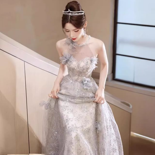 Evening Pearl Floral Faux Neck A-Line Gown Sleeveless Round Patterned Mesh