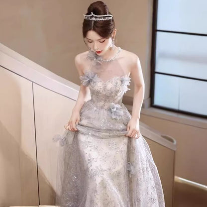 Evening Pearl Floral Faux Neck A-Line Gown Sleeveless Round Patterned Mesh