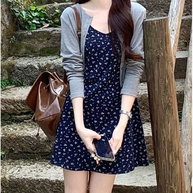 Dress Strap Cardigan Mini A-Line / Floral Spaghetti Melange Crop