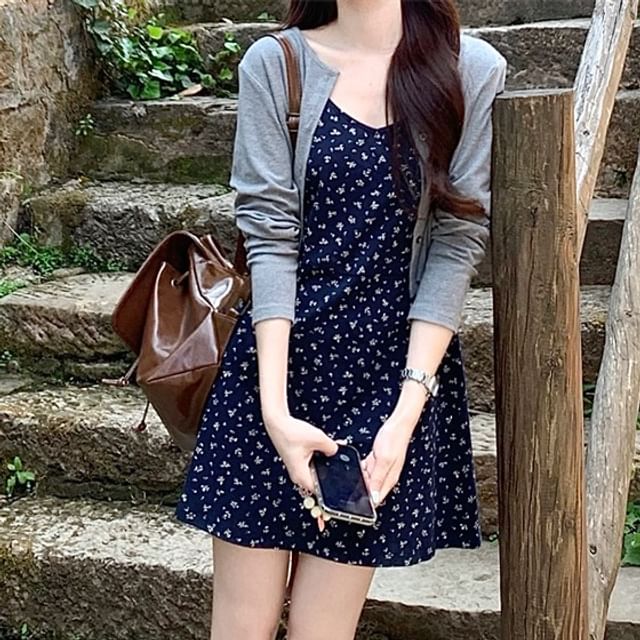 Dress Strap Cardigan Mini A-Line / Floral Spaghetti Melange Crop