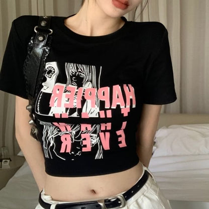Neck Fit Slim T-Shirt Crop Round Cartoon Print Short-Sleeve