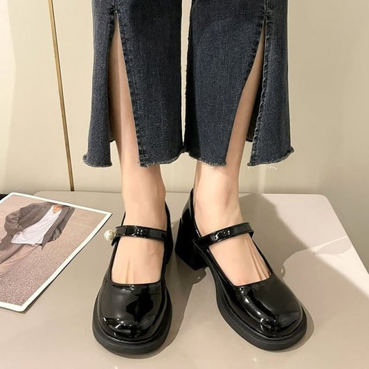 Pearl Mary Shoes Heel Jane Block Patent Faux