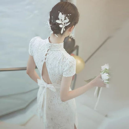 Short-Sleeve Plain Lace Sheath Wedding Gown