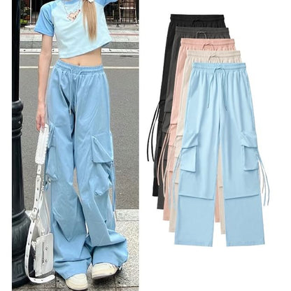 High Rise Drawstring Pocket Plain Wide Leg Cargo Sweatpants