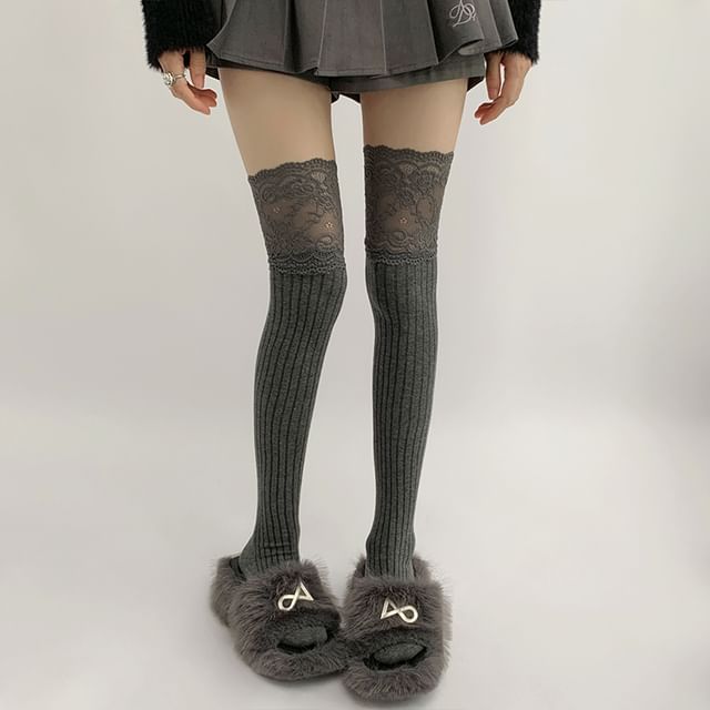 Plain Panel Lace Over The Knee Socks