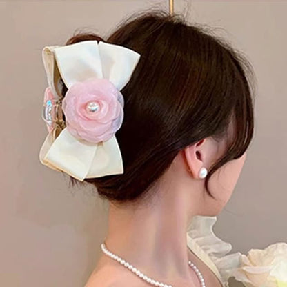 Floral Faux Pearl Bow Hair Claw