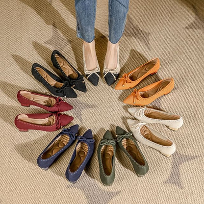 Bow Pointed Block Fabric Pumps Heel