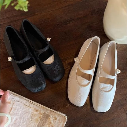 Fabric Mary Jane Pearl Flats Faux