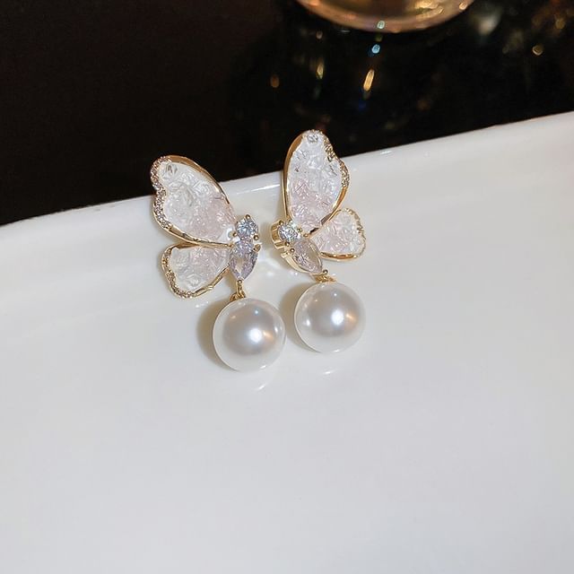 / Crystal Butterfly Pearl Earring Floral Faux Stud Alloy (Various Designs)
