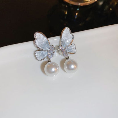 / Crystal Butterfly Pearl Earring Floral Faux Stud Alloy (Various Designs)