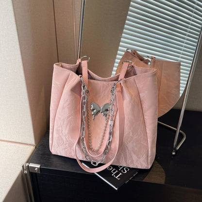 Butterfly Accent Chained Faux Leather Tote Bag