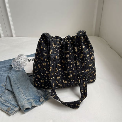 Floral Print Drawstring Tote Bag / Lace Scarf / Set