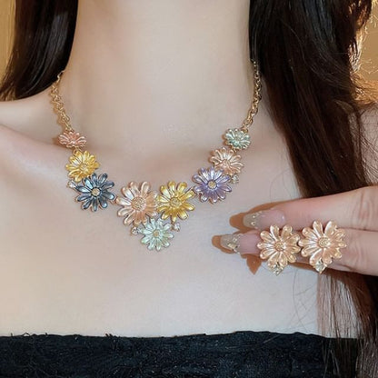 Floral Alloy Stud Earring / Rhinestone Choker