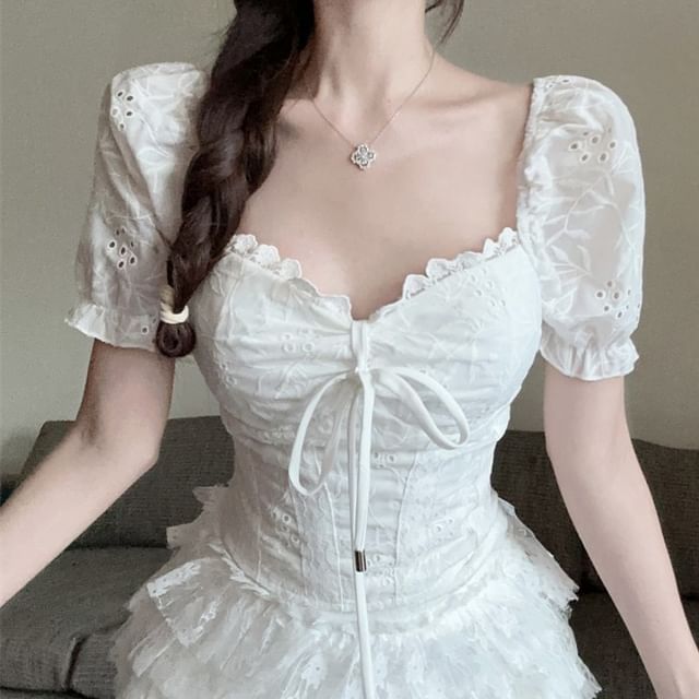 Skirt High Rise Tiered Lace Embroidered Blouse Short-Sleeve Neck Square Tie / Front A-Line Mini Eyelet