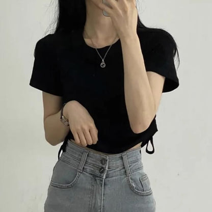 Short-Sleeve Round Neck Plain Drawstring Crop T-Shirt