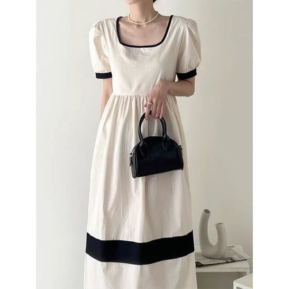 Short-Sleeve Square Neck Two Tone Midi A-Line Dress