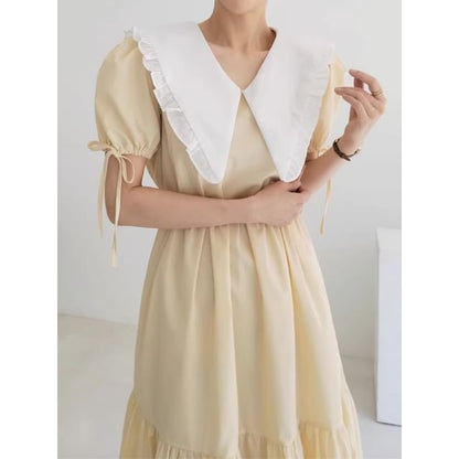 Short-Sleeve Contrast Collar Frill Trim Midi A-Line Dress