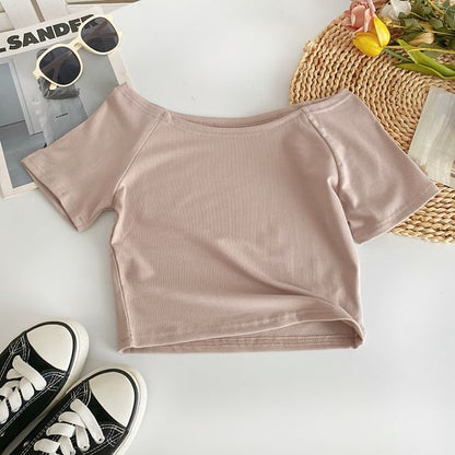 Short-Sleeve Off Shoulder Plain T-Shirt