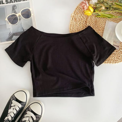 Short-Sleeve Off Shoulder Plain T-Shirt