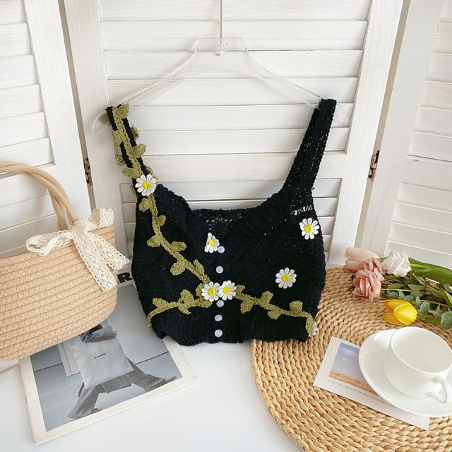 V-Neck Flower Knit Cami Top