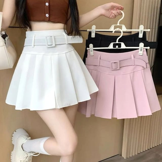 / Undershorts Belt A-line Plain Mini Skirt Pleated Waist High Set
