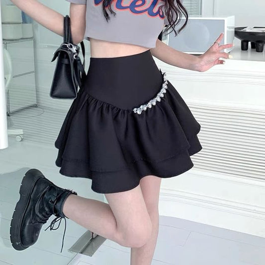 High Mini Plain A-Line Skirt Rise Rhinestone