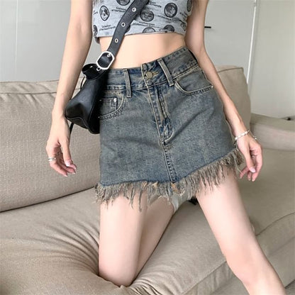 High Waist Pencil Mini Fringed Skirt Hem Denim
