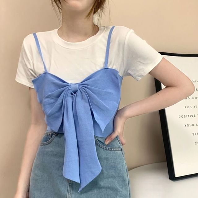 Plain Cropped Camisole Bow Top