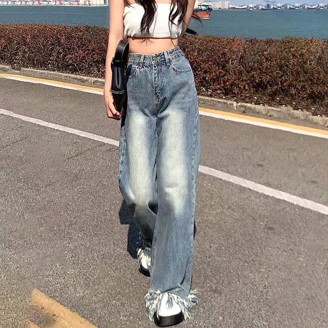 Leg High Wide Ripped Waist Jeans