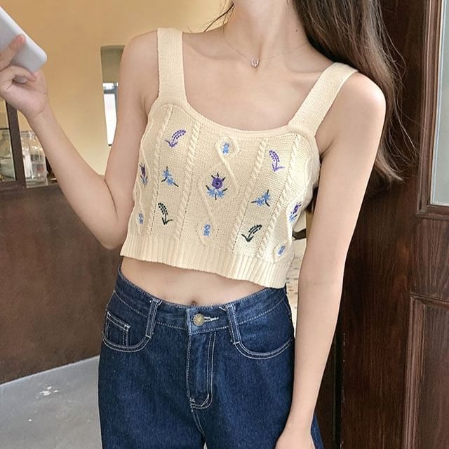 Knit Camisole Cropped Top Embroidered Flower