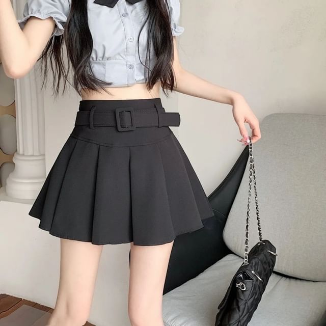 / Undershorts Belt A-line Plain Mini Skirt Pleated Waist High Set
