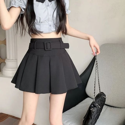 / Undershorts Belt A-line Plain Mini Skirt Pleated Waist High Set