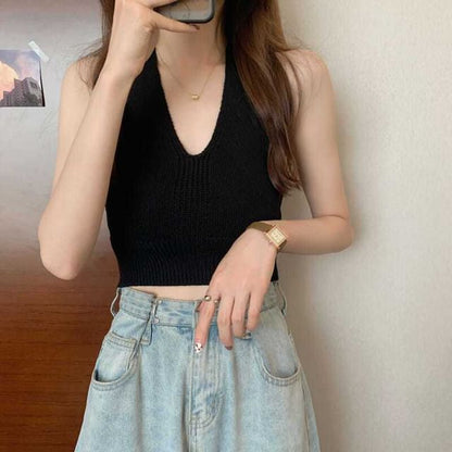 Halter Cropped Knit V-Neck Top Plain