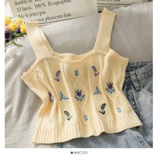 Knit Camisole Cropped Top Embroidered Flower