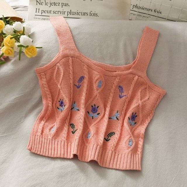Knit Camisole Cropped Top Embroidered Flower