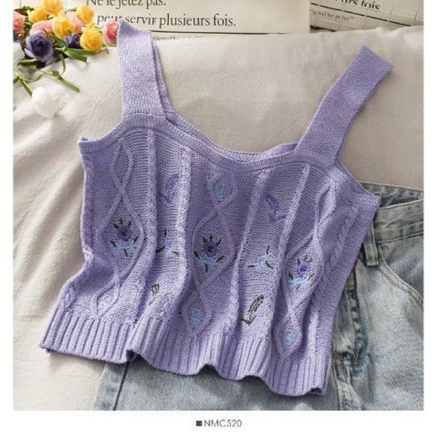 Knit Camisole Cropped Top Embroidered Flower