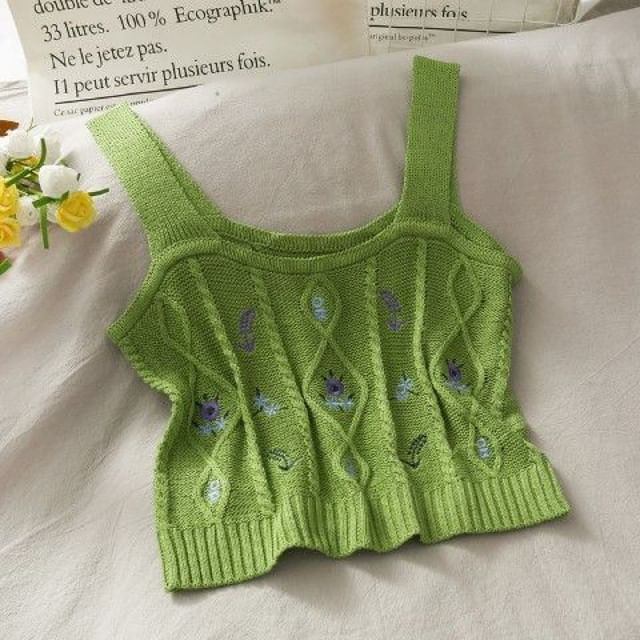 Knit Camisole Cropped Top Embroidered Flower