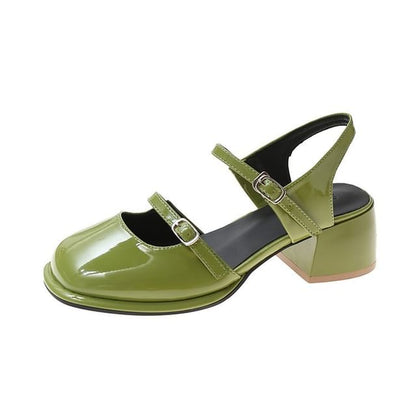 Slingback Block Toe Square Leather Heel Mary Patent Jane Pumps D'Orsay