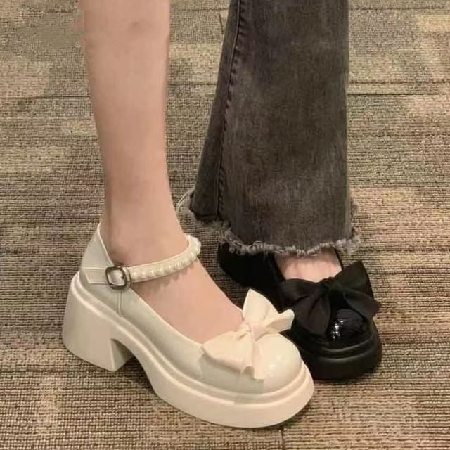 Platform Block Jane Heel Bow Shoes Mary