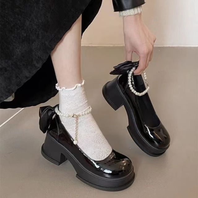Block Plain Heel Pumps Mary Jane Bow