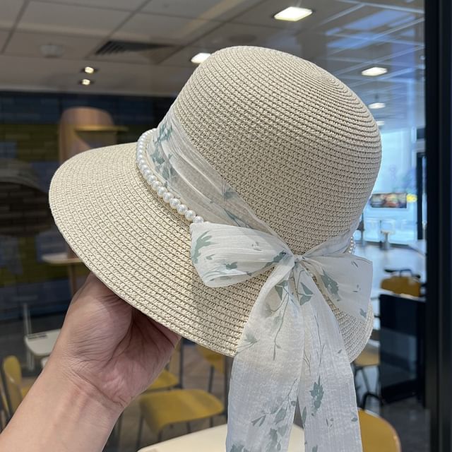 Faux Hat Straw Bucket Pearl Bow