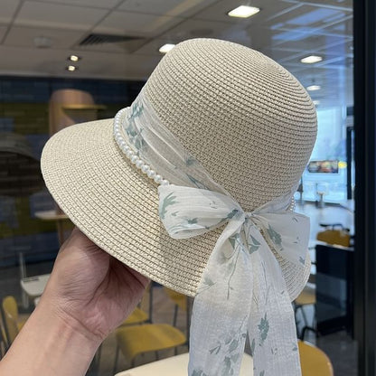 Faux Hat Straw Bucket Pearl Bow