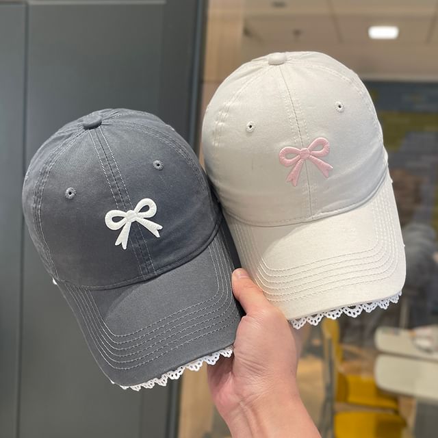 Lace Cap Trim Embroidered Bow Baseball