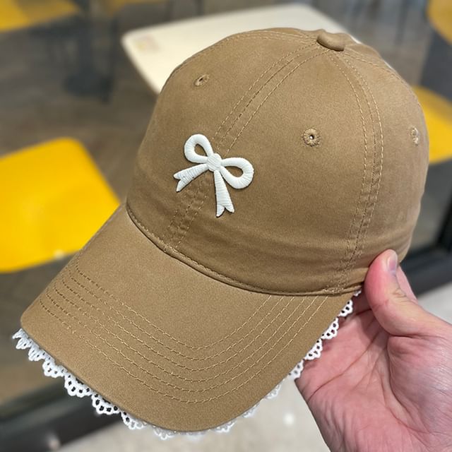 Lace Cap Trim Embroidered Bow Baseball
