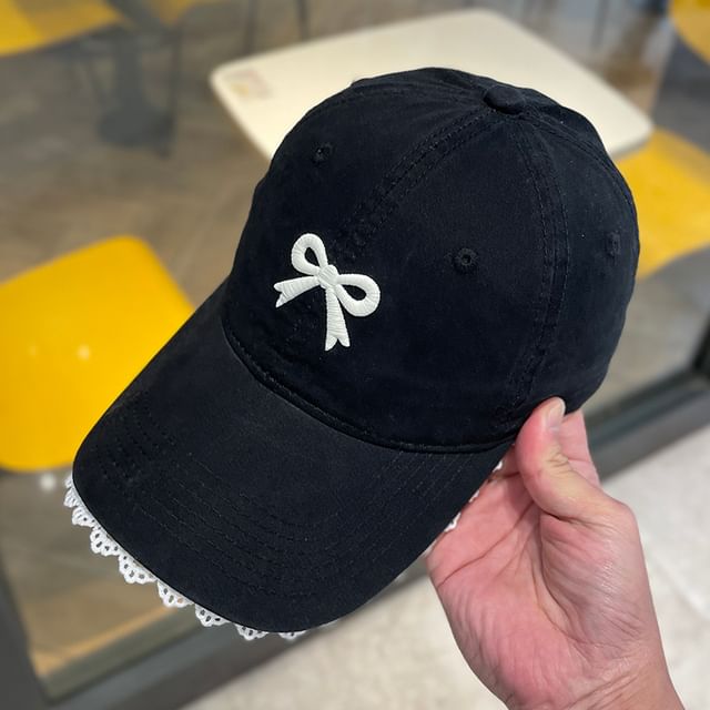 Lace Cap Trim Embroidered Bow Baseball