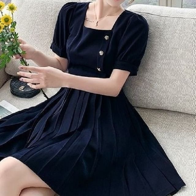 Neck Dress Puff-Sleeve Plain Square A-Line